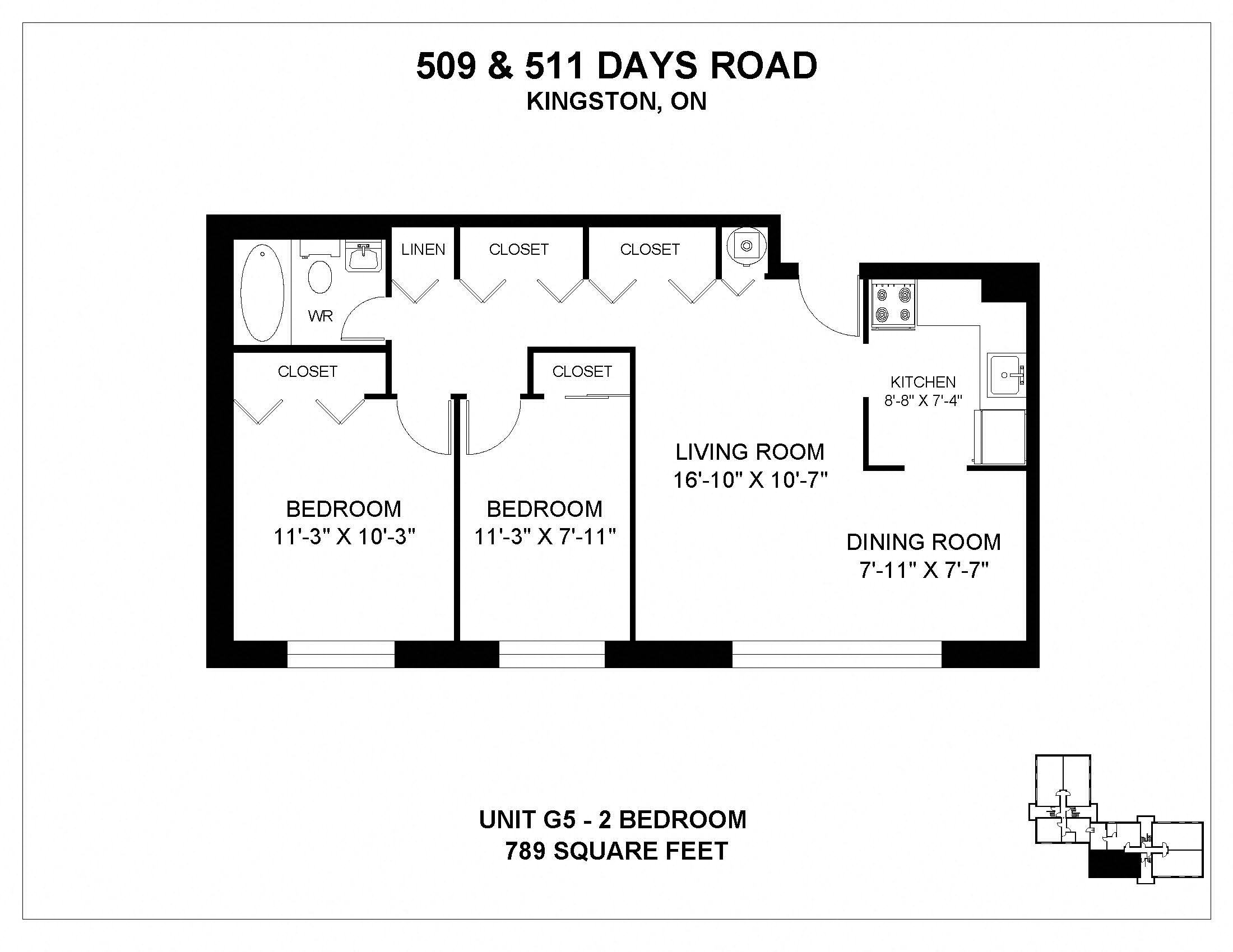 Floor plan for 2 beds, 1 bath, 789 sqft
